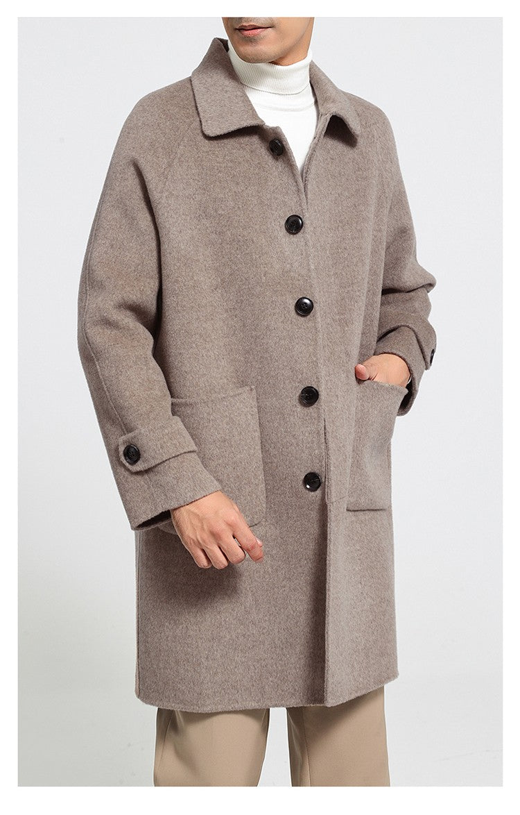 Mid-Length Single-Breasted Polo Collar Men's Overcoat Double-Sided Woolen 100% Pure Wool High-End Coat Fashion Men's Clothing