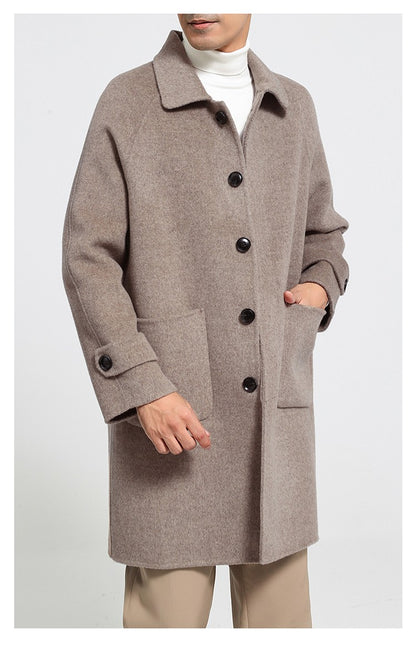 Mid-Length Single-Breasted Polo Collar Men's Overcoat Double-Sided Woolen 100% Pure Wool High-End Coat Fashion Men's Clothing