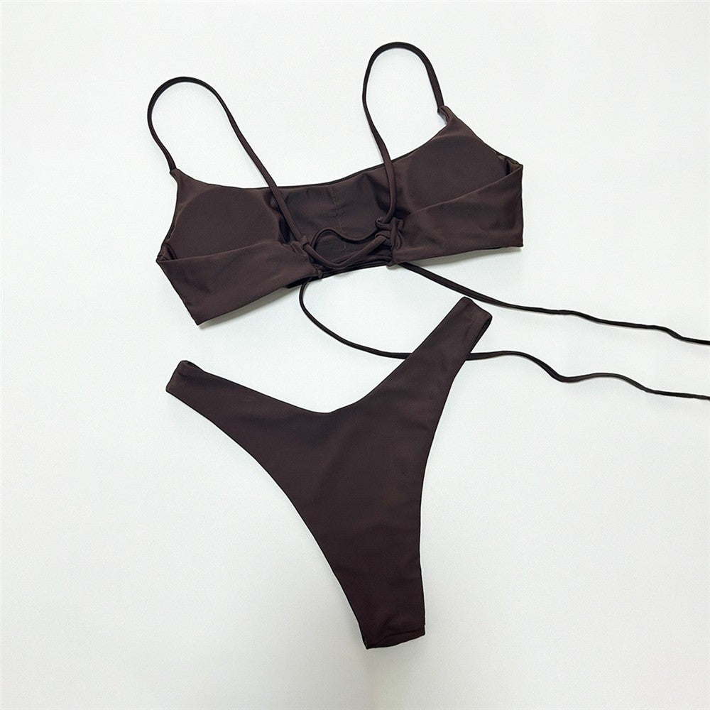 Brown Bandeau Micro Bikini Set Back String Lace-up Sexy Swimsuit Solid Swimwears Woman 2025 High Cut Bathing Suit Bikinis Femmes