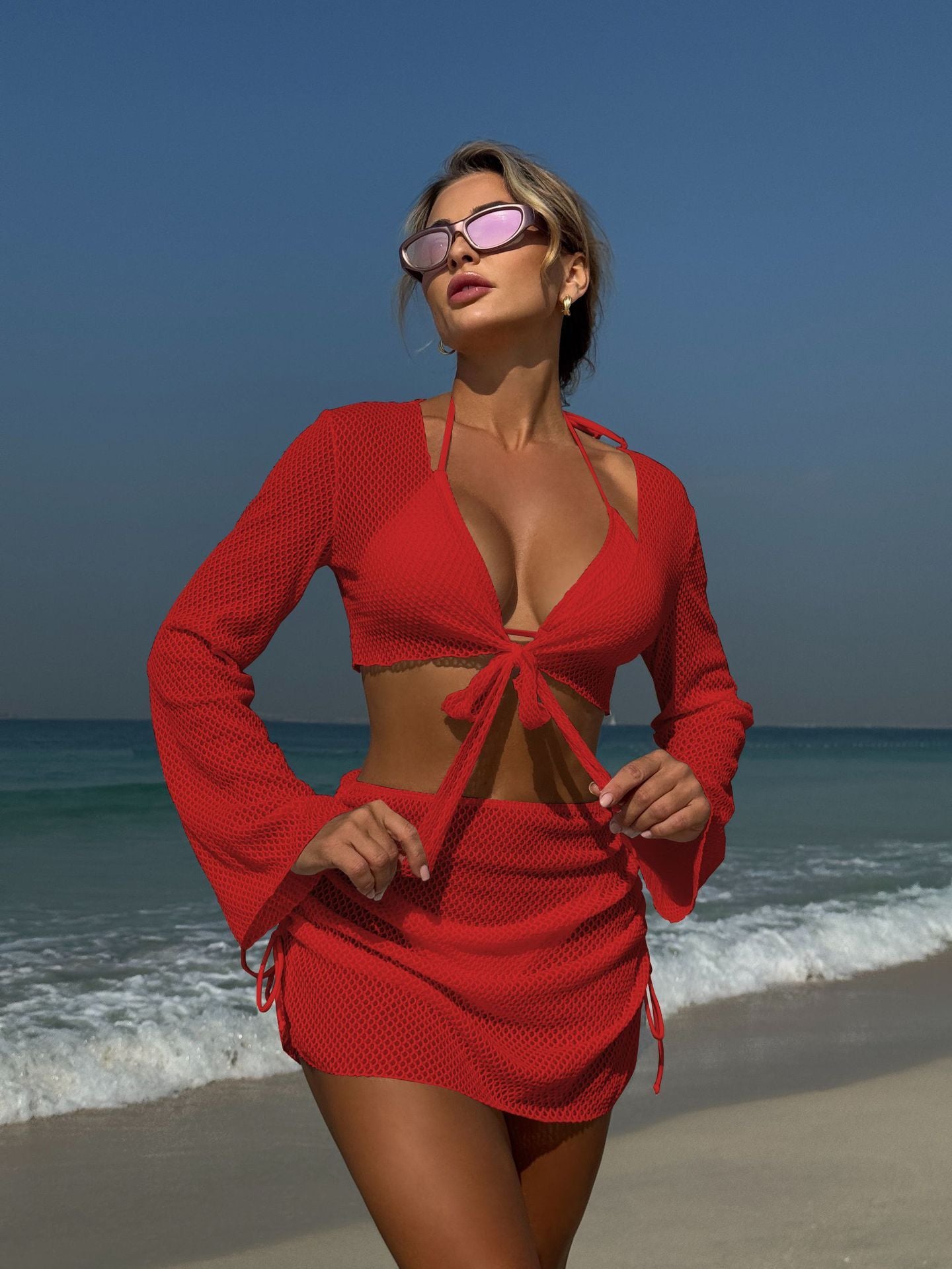Summer Holiday 4 Piece Bikini Set 2025 Women Sexy White Long Sleeve Cover Up and Skirt Swimsuit Beach Bathing Suit Pool Swimwear