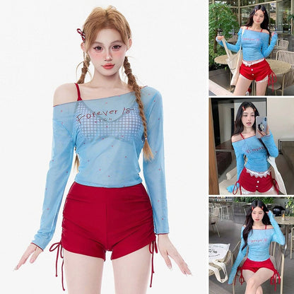 4Pcs/Set Summer Y2k Women's Swimsuit Dopamine Long Sleeve Bikini Set Hot Spring Swimming Sun-proof Crop Tops