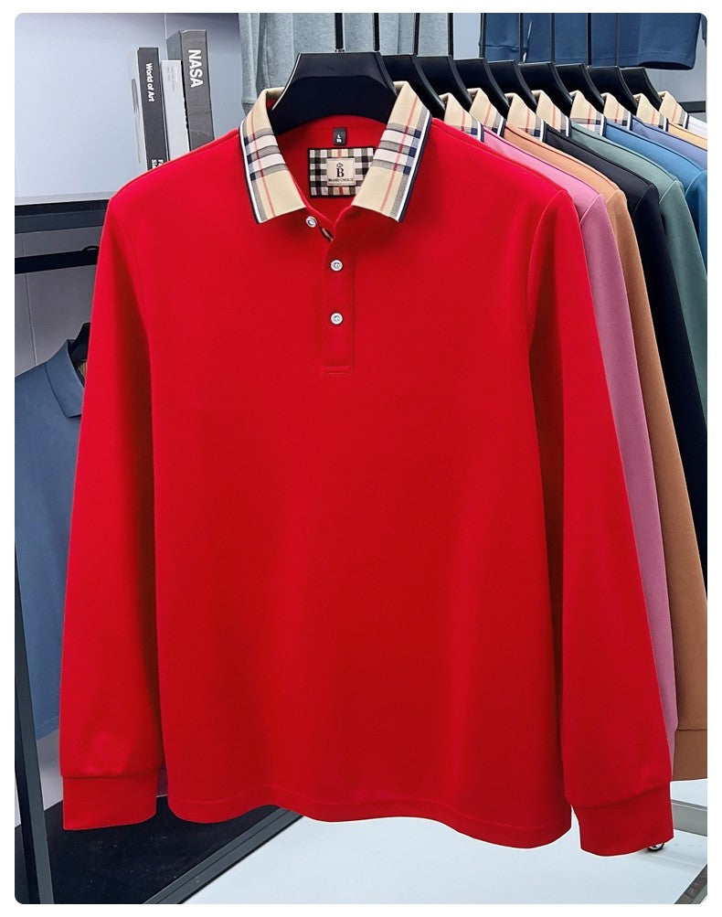 Luxury brand long sleeve polo shirt men comfortable casual autumn item silk cotton high-end Korean fashion plaid lapel T-shirt