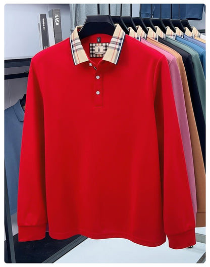 Luxury brand long sleeve polo shirt men comfortable casual autumn item silk cotton high-end Korean fashion plaid lapel T-shirt