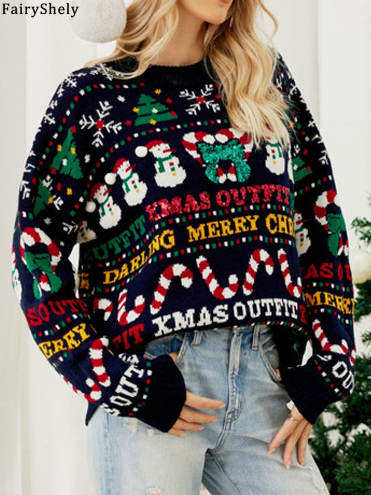 Fairyshely 2026 Winter Christmas Loose Knitted Sweater Women Casual Print Pullover Autumn Lady Casual O Neck Long Sleeve Jumper