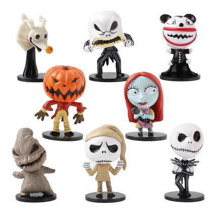 8 Peças / Conjunto Desenho Animado O Pesadelo Sally Skellington Jack Boneco de Ação de Brinquedo Natal PVC Modelo Estatueta de Vinil Presente de Halloween