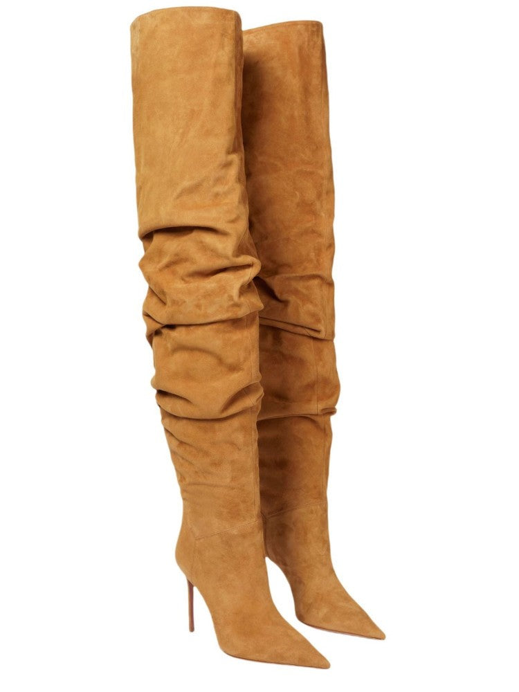 Women's New Pointed Pleated High-heeled Knee High Boots, Autumn and Winter Suede Thigh Boots, Women's Plus Size Stacking Boots