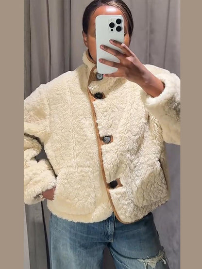 Suede Plush Both Sides Women's Coat Jacket Single Breasted Stand-Up Collar Pockets Female Jackets Autumn Loose Solid Coat Ladies