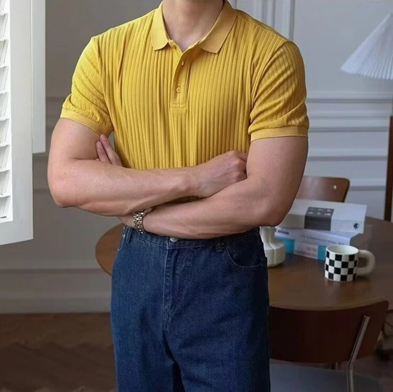 New Vertical Stripe Knit Polo Men's Shirts Summer Slim Solid Color Breathable Turn-Down Collar Business Short Sleeve Polo Tops