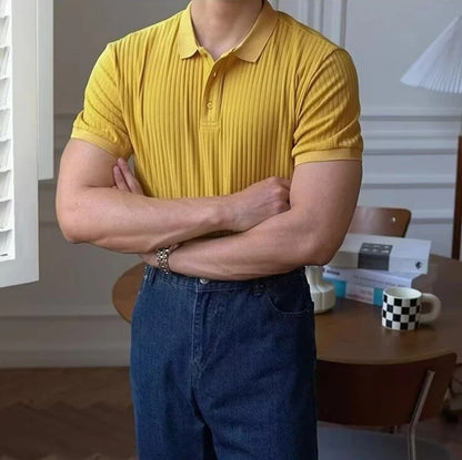 New Vertical Stripe Knit Polo Men's Shirts Summer Slim Solid Color Breathable Turn-Down Collar Business Short Sleeve Polo Tops
