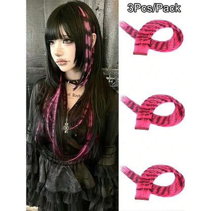 3Pcs Leopard Print Hair Extensions Synthetic Stripe Printed Hair Piece Colorful Long Straight Clip In Hair For Women Girls Party
