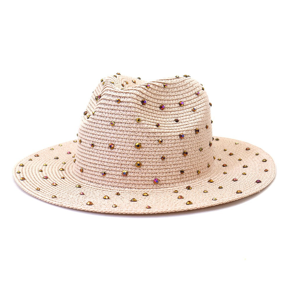 Hand made Diamond Straw Hat For Women's Summer Wide side Jazz Dress Cap Holiday Sun Protection Beach Hats