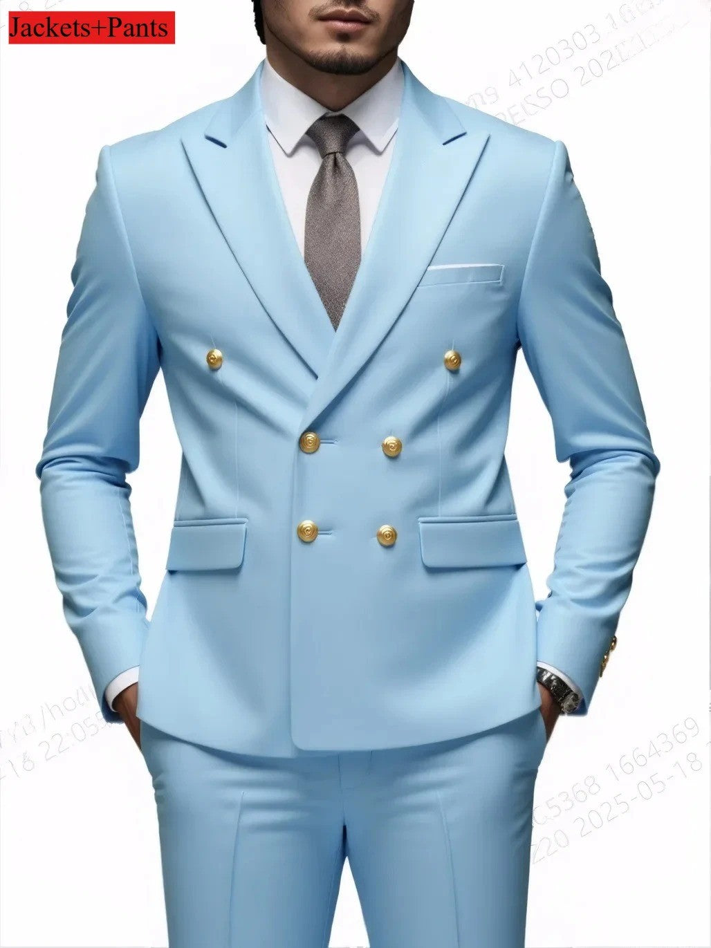 Double Breasted Light Gray Suit Men Wedding Prom Party Business Groom Tuxedo Wedding Suit (Blazer+Pant)