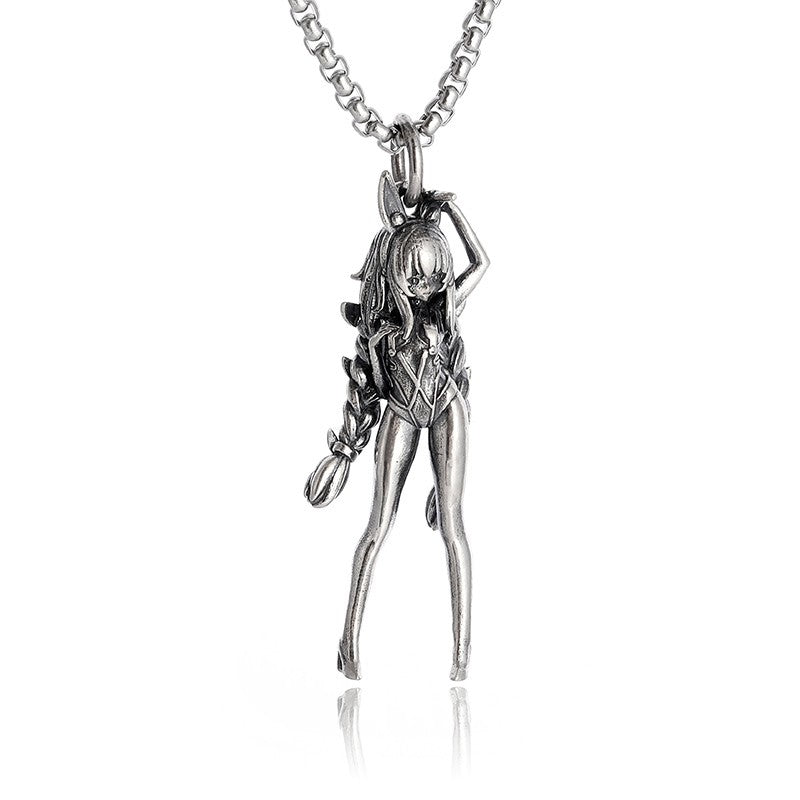Colar Pingente Menina Bonita Anime Mecha Banhado a Prata Joia da Moda Hip-Hop Rock Punk Presente para Homens e Mulheres