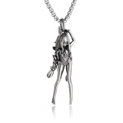 Colar Pingente Menina Bonita Anime Mecha Banhado a Prata Joia da Moda Hip-Hop Rock Punk Presente para Homens e Mulheres