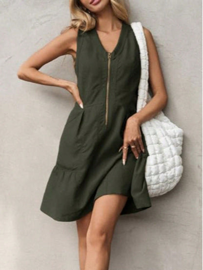 Fisoew Women's Sleeveless Mini Dress Half Zip V Neck Casual Mesh Back Summer Dress with Pockets sexy dress