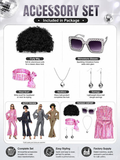 Ladies' Halloween disco party 70s disco costume set, including top, pants, sunglasses, necklace, earrings, and wig, role-playing