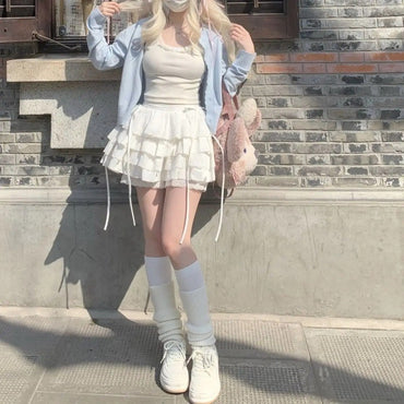 Summer White Mini Skirts Women Lace Patchwork Sweet A-line Slim High Street Bow Korean Fashion Y2k Skirt Harajuku Streetwear Ins