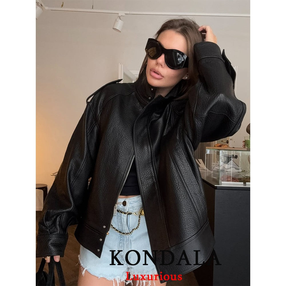 KONDALA Casual Chic Black Leather Jackets Women Long Sleeve Buttons Elastic Oversized Coats Fashion 2025 Fall Streetwear Coats