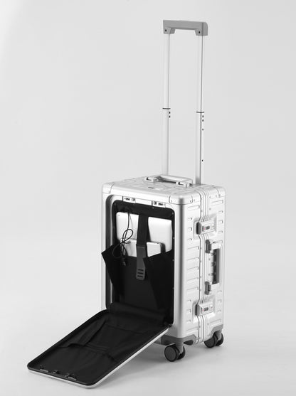 All Aluminum-magnesium Suitcase Front Opening Rolling Luggage with USB Charging Plug TSA Lock Trolley Case 20" Boarding Travel
