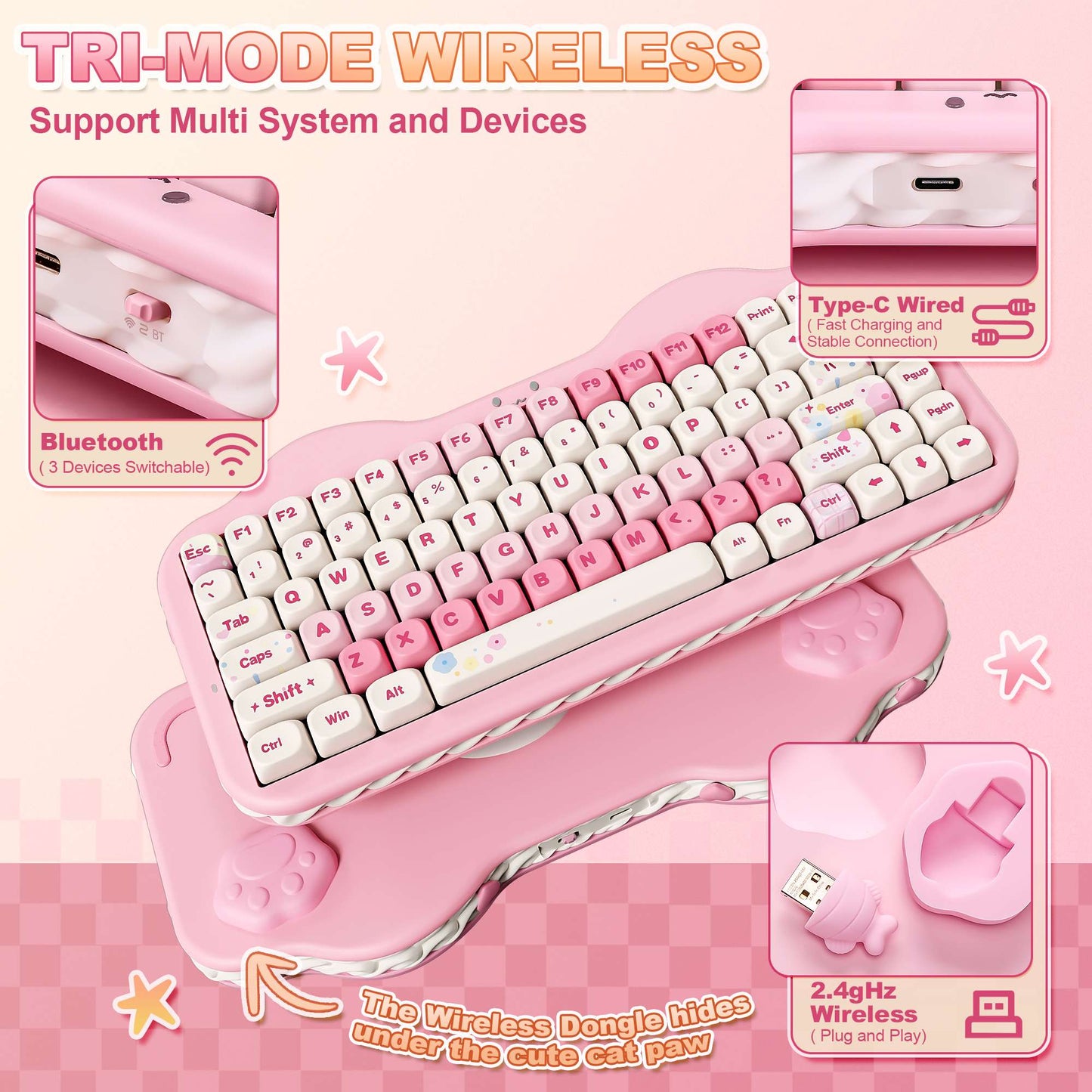 Teclado Mecânico Sem Fio Rosa YUNZII C75, Teclado RGB Hotswap Cremoso 75%, Suporte Gasket Design Cute Cake para Win/Mac/Gaming