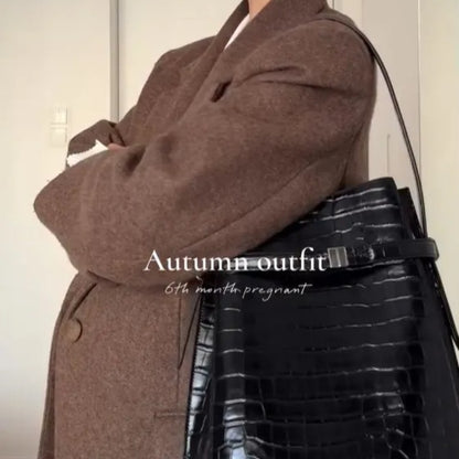 Women Shoulder Pad Wool Long Coats Fashion Lapel Single-breasted Long Sleeve Coat Chic 2025 Autumn Lady Commute Street Outerwear