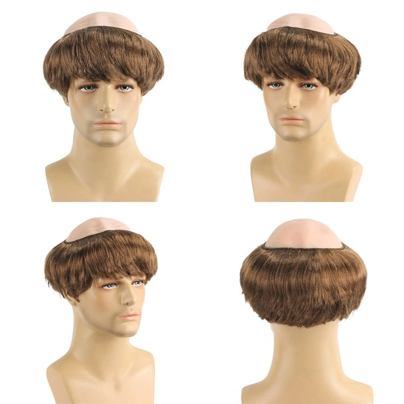 Peruca Sintética Careca Engraçada de Monge para Cosplay, Marrom Novedoso, Adequada para Festas Temáticas de Halloween e Natal, Peruca Careca de 6 Polegadas