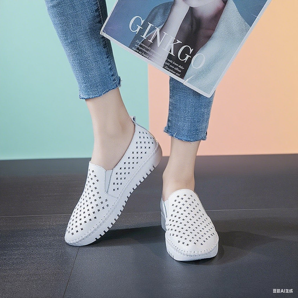 Genuine Leather ladies flats sneakers shoe Women casual loafers shoes female Hollow moccasins White Lace up canvas Boat shoes