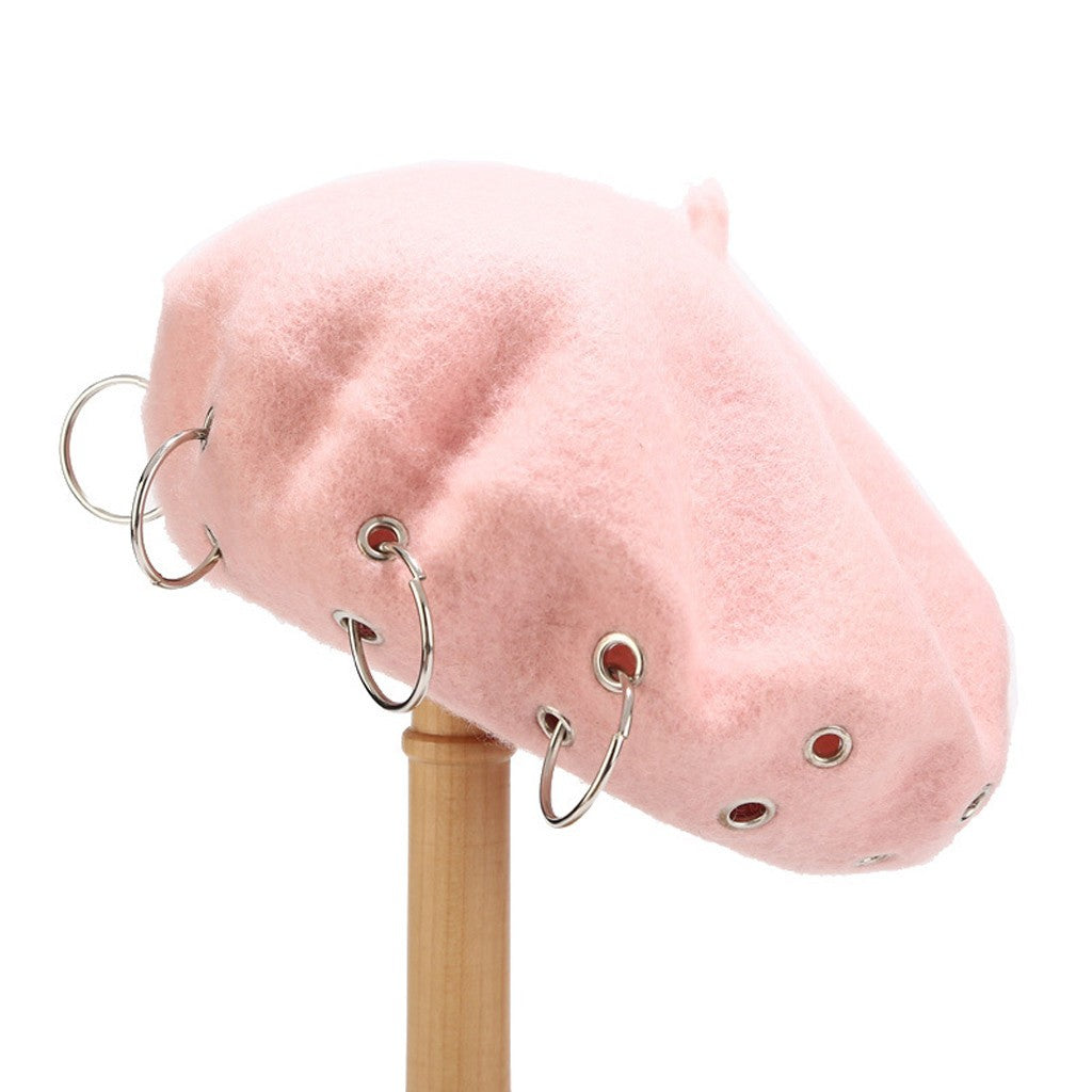 Fashion Winter Berets For Women girl Punk Rock Style Iron Rings Beret Caps Retro Wool Hats Black Woolen Painter Caps