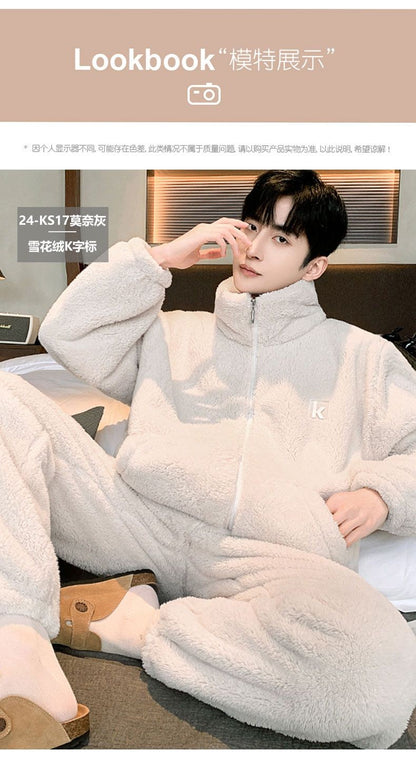 New Men's High Neck Large Size Loose Plush Loungewear Autumn and Winter Thick Warm Flannel Pajamas Can Worn Outside Coral Fleece