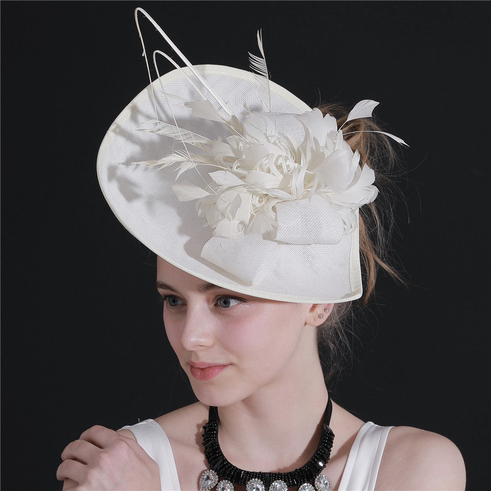 Chapéu de sol de aba grande com design de padrão de fio de cânhamo duplo, acessórios de pena, elegante chapéu de banquete, chapéu de praia para casamento ou férias, chapéu equestre
