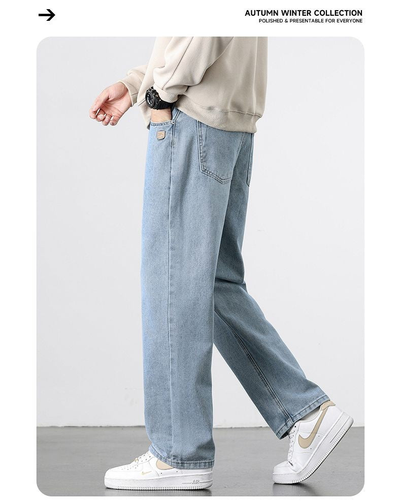 Calça Jeans Masculina Reta Vintage de Primavera Outono Calça Casual de Alta Qualidade Masculina Coreana Moderna Folgada de Perna Larga