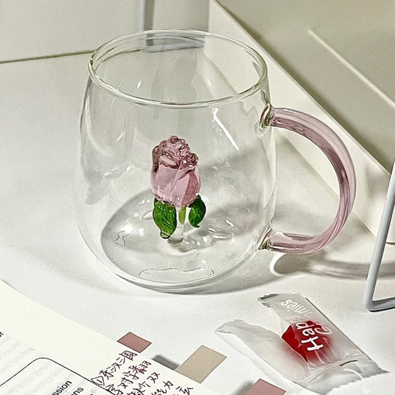 Copo de Vidro INS Copo Térmico Resistente ao Calor Transparente para Suco Leite Café Design Único Copo de Vidro Rosa 3D Copos de Água Utensílios de Bar
