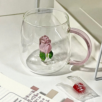 Copo de Vidro INS Copo Térmico Resistente ao Calor Transparente para Suco Leite Café Design Único Copo de Vidro Rosa 3D Copos de Água Utensílios de Bar
