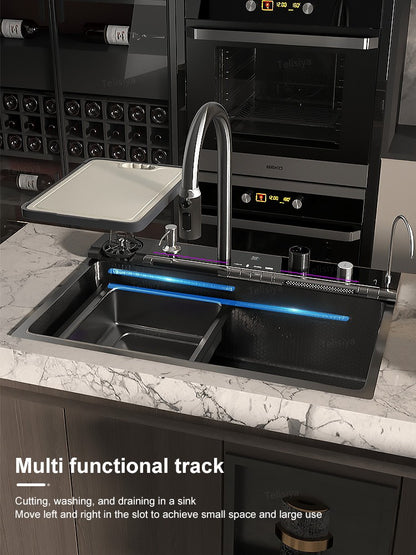 Stainless Steel kitchen Sink With Waterfall Golden Large Single Slot Multifunctional Digital Display Sinks 100*50CM