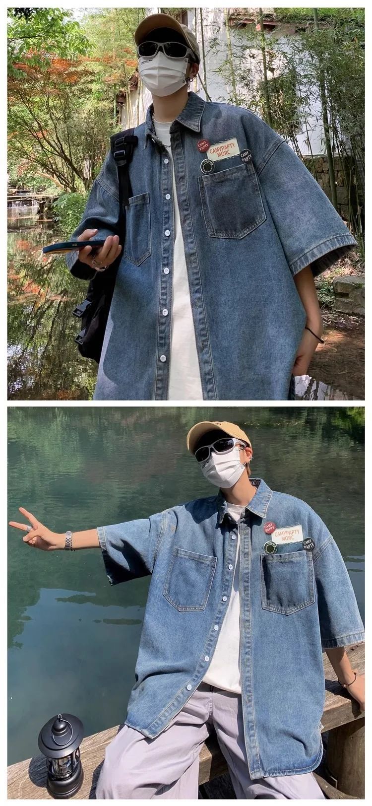 Retro Japanese Style Pocket Badge Denim Short Sleeve Casual Shirt Men's Loose Collar Jacket Trendy Summer Clothing