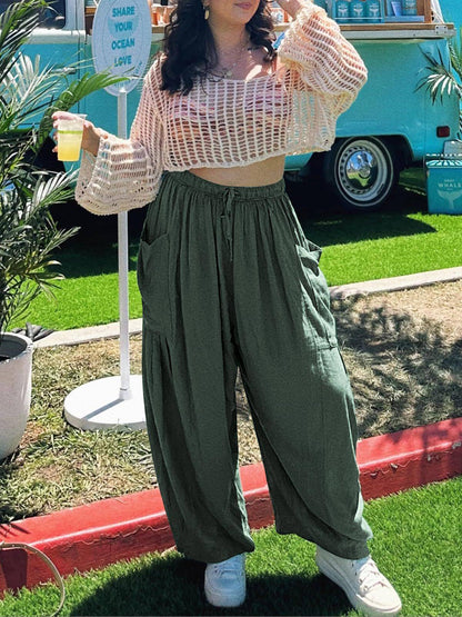 Women's Stretched-waist Pleated High-waisted Wide-leg Trousers Spring Autumn Fashion Cotton Linen Pocket Casual Trousers Woman