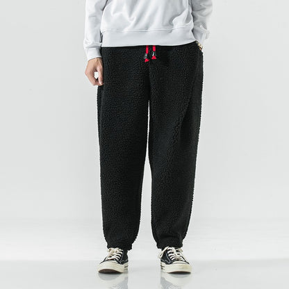 Winter Men's Lamb Wool Casual Pants Fleece Warm Elastic Waist Sweatpants Solid Thick Harem Pants Male Vintage Joggers Trousers