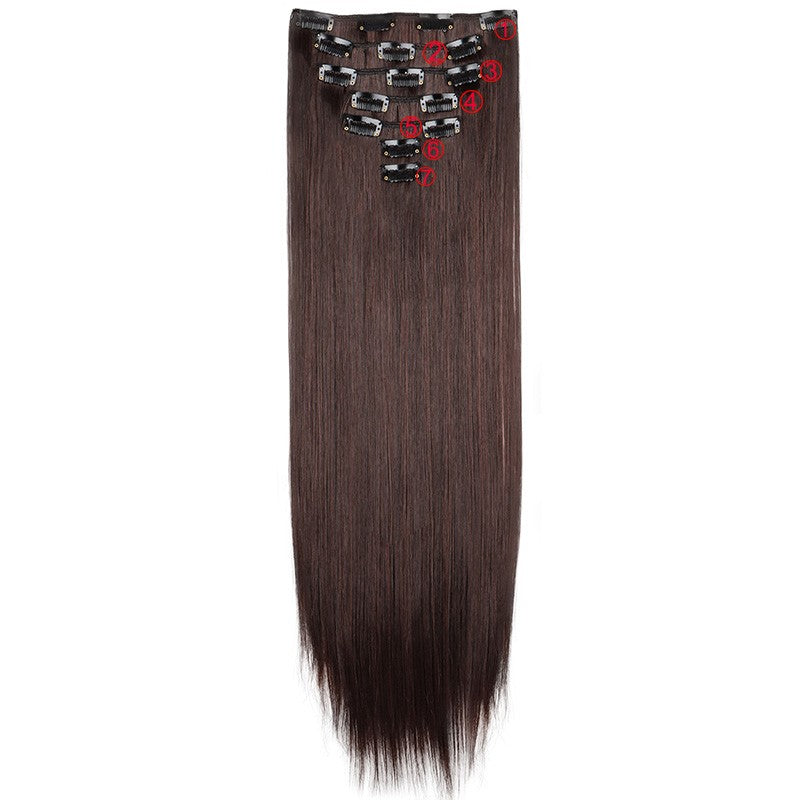 Aplique de Cabelo Sintético Liso Longo 24 Polegadas 7 Peças/Conjunto 16 Clipes Penteado Preto Loiro Extensões de Cabelo