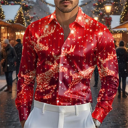 Fashionable 3D printed Christmas deer design style men's long sleeved shirt slim fit lapel button casual party plus men's shirt