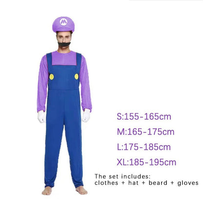 Game Plumber Bros Cosplay Costume Set Jumpsuit Dress Hat Beard Gloves Adult Men Women Uniform Halloween Party Role Play Outfit