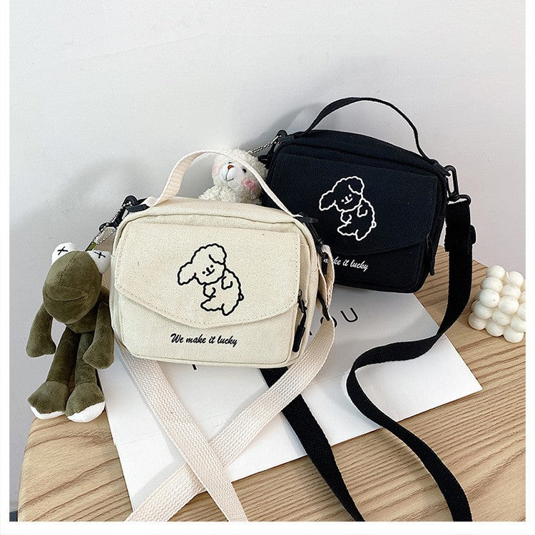 Ladies Fashion Canvas Small Square Bag Korean Version Multifunctional Cute Dog One-shoulder Diagonal Mobile Phone Package
