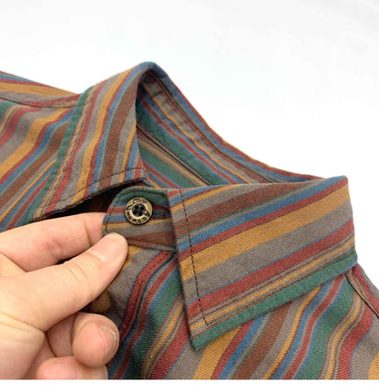 Amikaki Ethnic Style Men's Pure Cotton Colorful Stripes Shirt Loose Ancient Cargo Long Sleeved Shirt Jacket With Chest Pocket