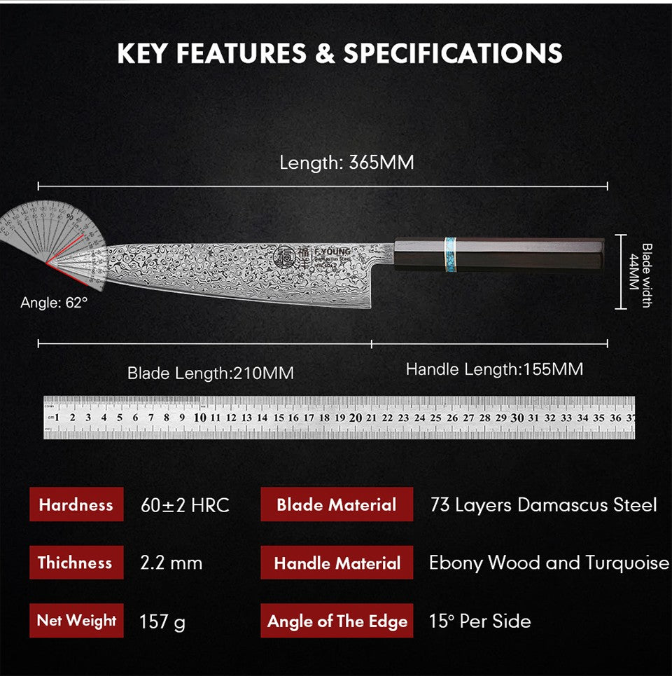 F.YOUNG 8.2-inch Handmade Chef Knife Damascus Steel Sharp Meat Vegetable Cleaver Gyuto Knife Japanese Hand Forged Kitchen Knives