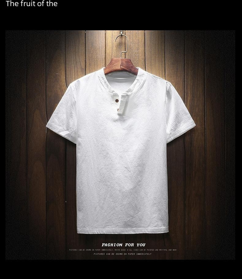 Men's Summer Loose-fit Short Sleeve Linen T-shirt Cotton Linen Body Solid Color Breathable V-neck Thin Top