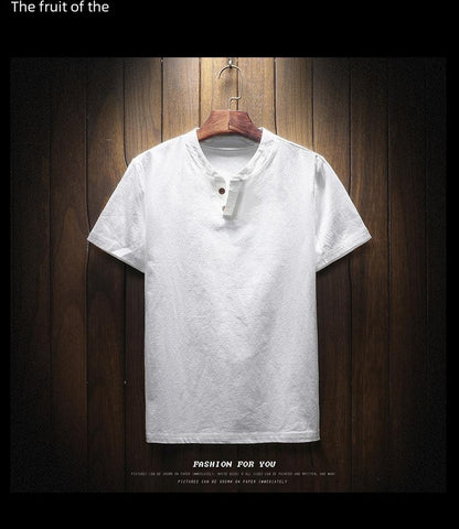 Men's Summer Loose-fit Short Sleeve Linen T-shirt Cotton Linen Body Solid Color Breathable V-neck Thin Top