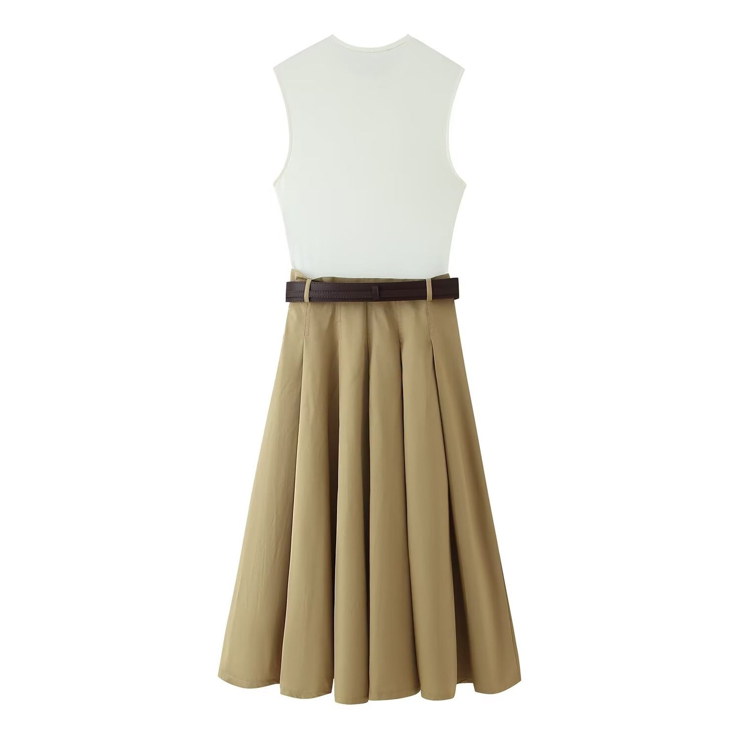 Fashion Patchwork Pleated Long Dress With Belt Women Chic Sleeveless Tank Maxi M