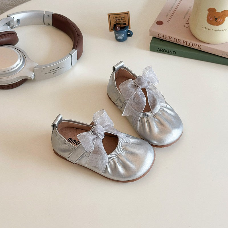 Baby Girl Princess Shoes Shine Surface Korean Style Lace Bow Casual Flats Non-Slip Toddler Kid Wedding Party Adorable Baby Shoes