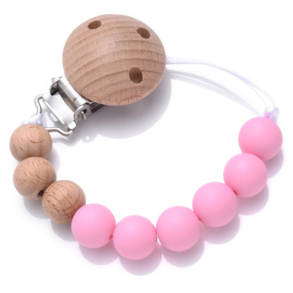 Handmade Beech Wood Baby Pacifier Chain Round Silicone Beads Infant Appease Soother Clips Anti-Drop Dummy Holder Nipple Clip