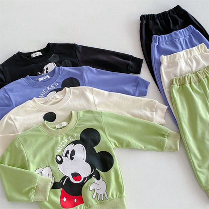 Disney Mickey Children' Tracksuit Cartoon Fashion Loose Baby Girl Boy Long Sleeve Crewneck Hoodies + Pants Two Piece Set Clothes