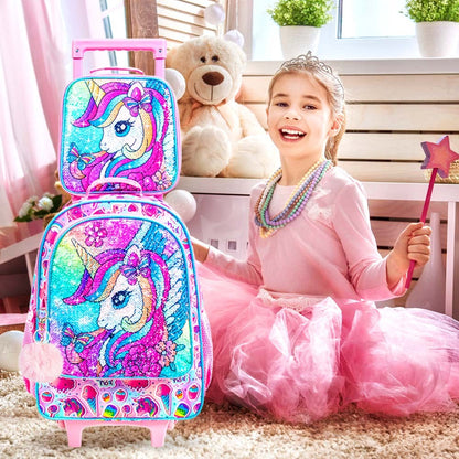 Mochila de Rodinhas de Unicórnio 3 Peças para Meninas, Mochilas Escolares Infantis com Rodas, Mochila de Rodinhas com Lancheira para Pré-Escolares e Ensino Fundamental